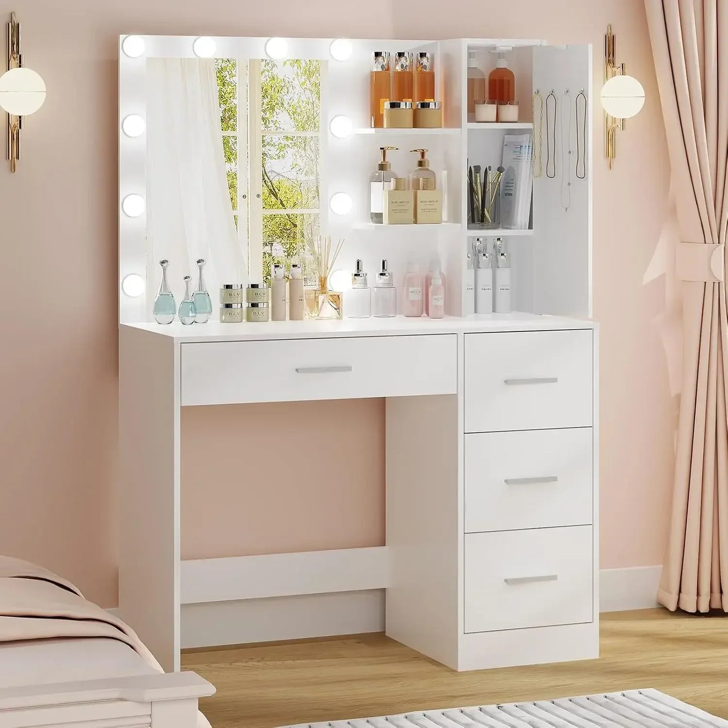Makeup Vanity with Mirror and 10 LED Lights 4 Drawers Necklace Hooks