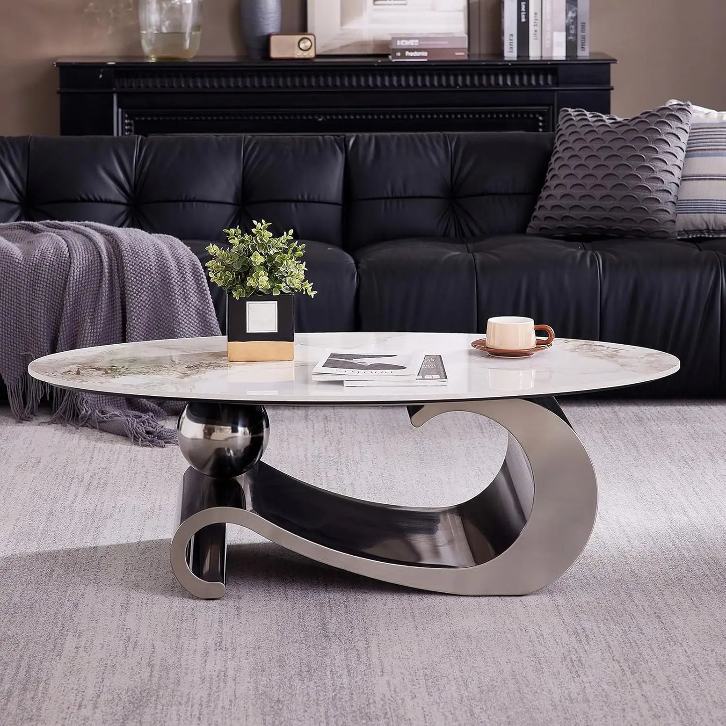 Modern Oval Faux Marble Coffee Table with Gold Metal Base for Living Room