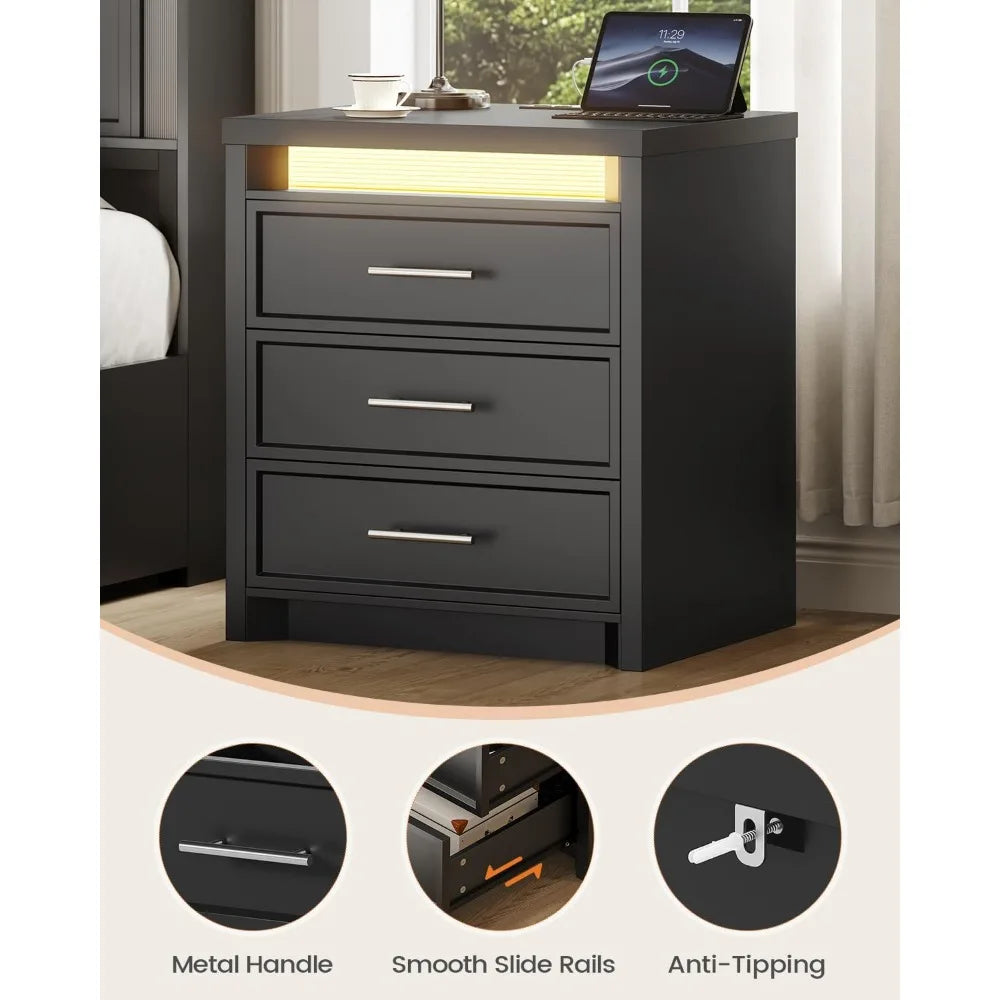 Night Stand with Charging Station LED Lightbox 3 Drawer Bedside Table