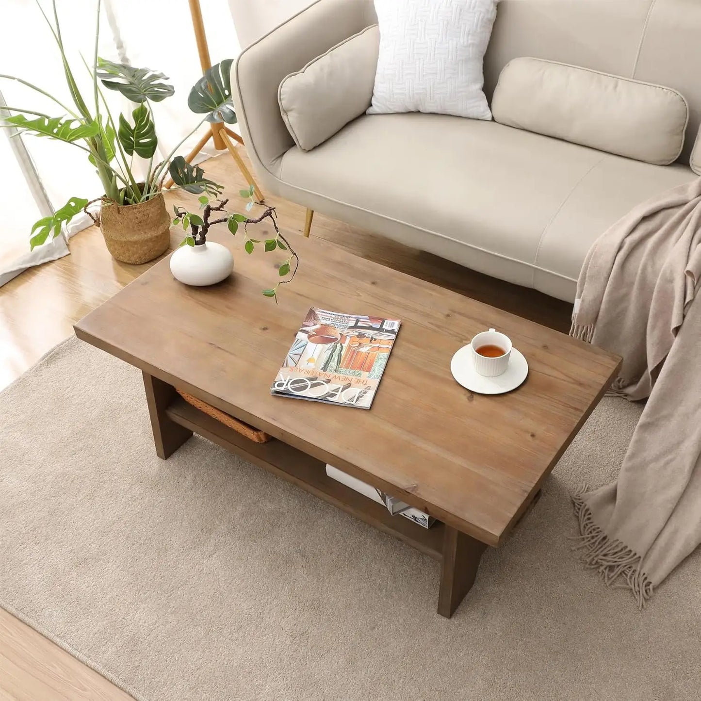 Farmhouse Wood Coffee Table 43.4 Inch Mid Century Modern Firwood