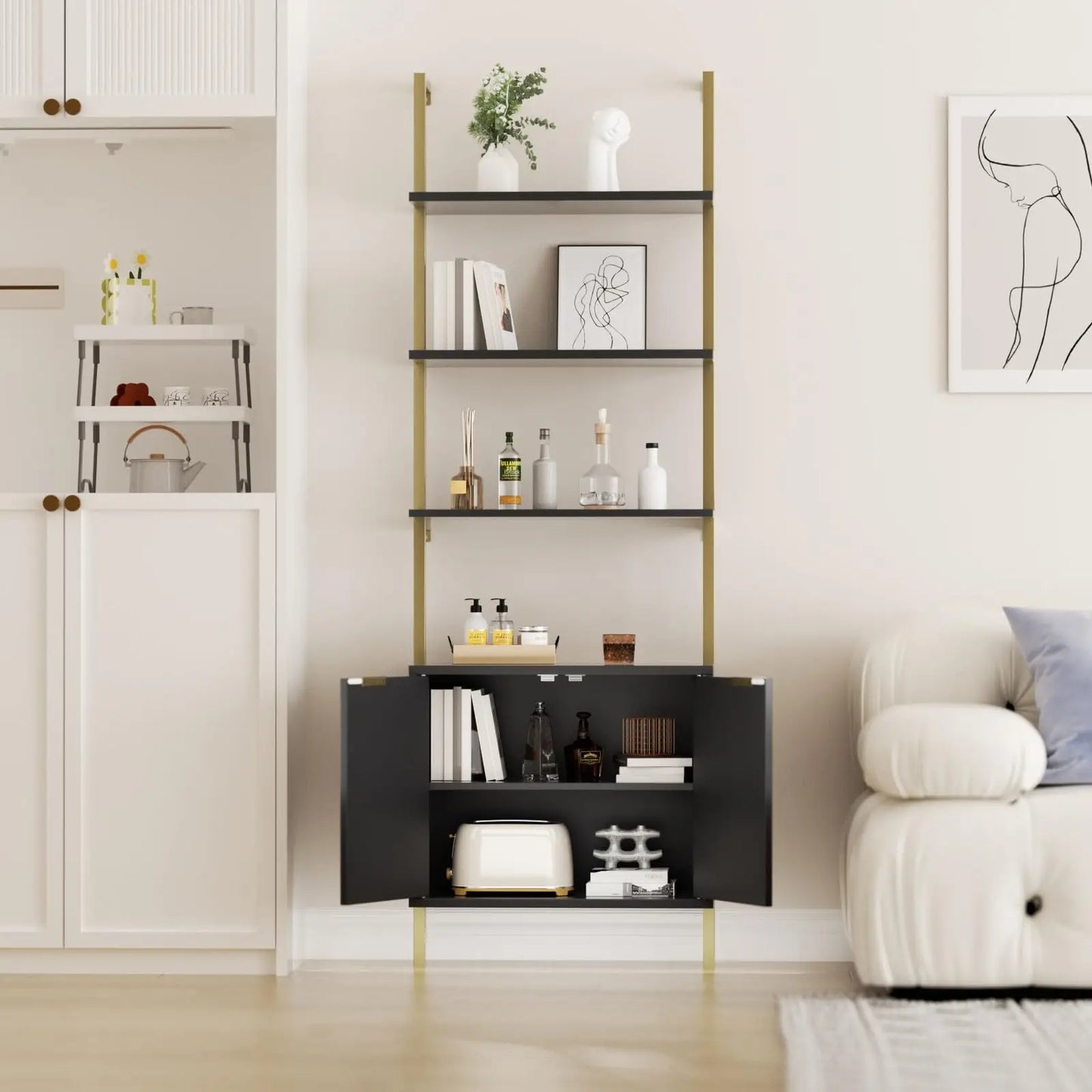 Ladder Bookshelf Storage Cabinet 71'' Tall Wall Mount Bookcase Metal Frame