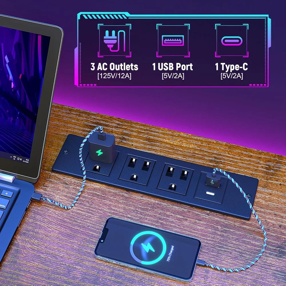 55 Inch Gaming Desk with LED Lights and Outlets Computer Desk Storage