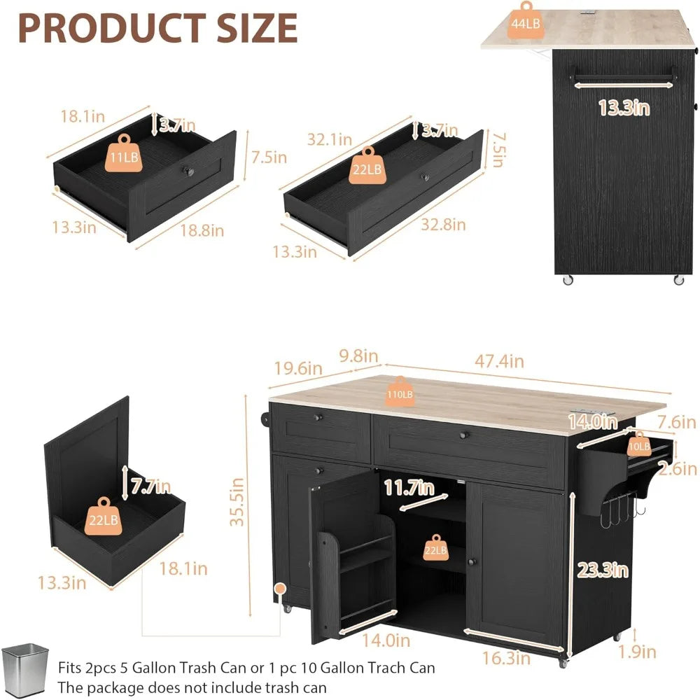 Kitchen Island with Storage on Wheels Drop Leaf Power Outlet Rolling Cart