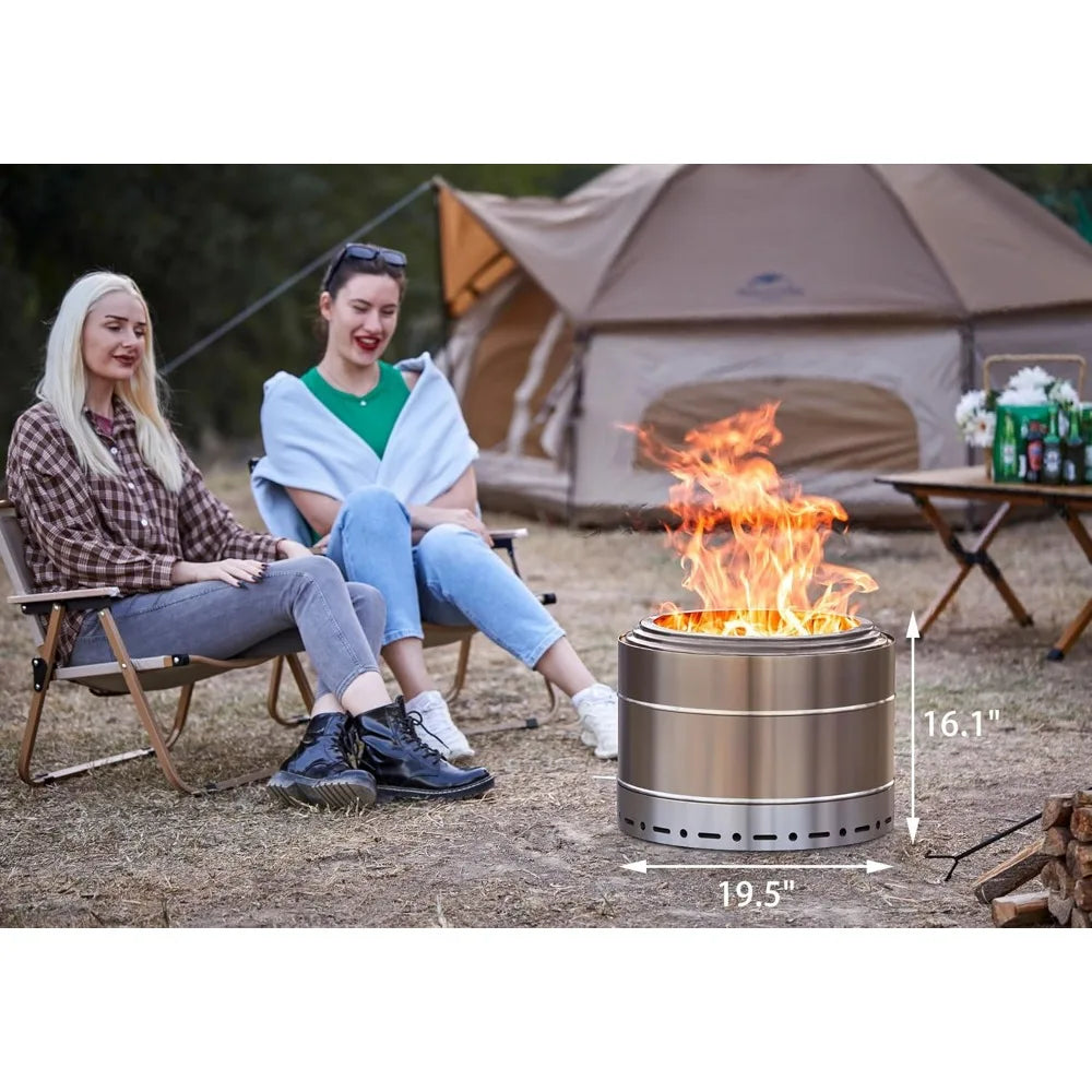 19 Inch Smokeless Fire Pit Portable Stainless Steel Outdoor Bonfire