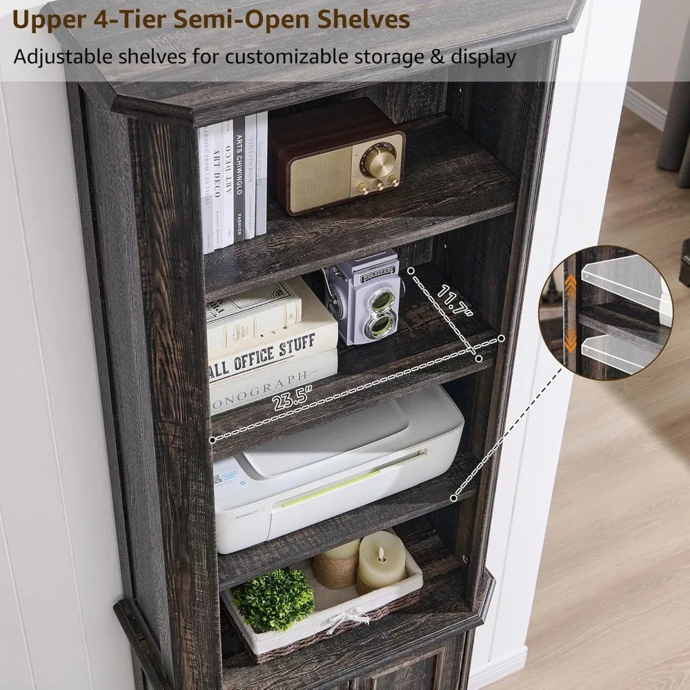 6-Tier Farmhouse Bookshelf Set of 2 with Storage Adjustable Shelves