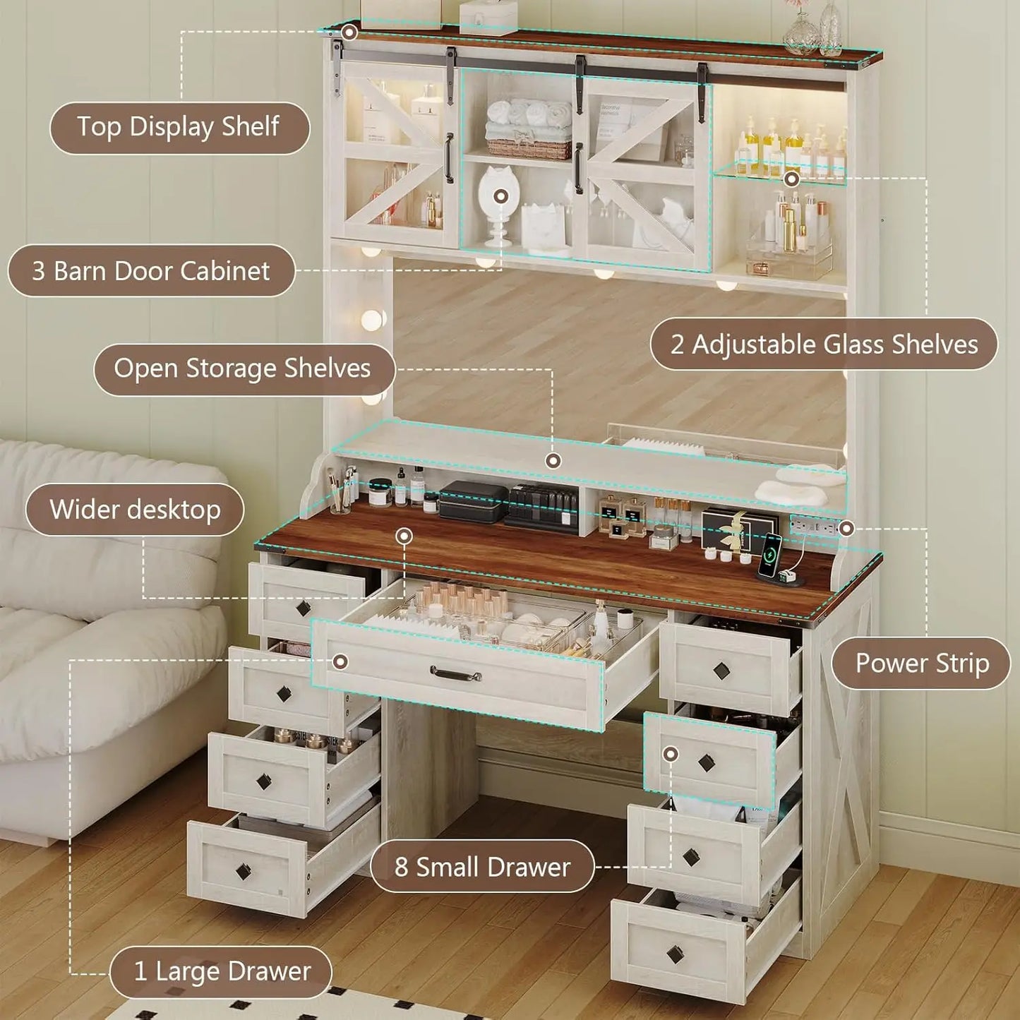 Farmhouse Makeup Vanity Desk with Mirror and RGB Lights 9 Drawer
