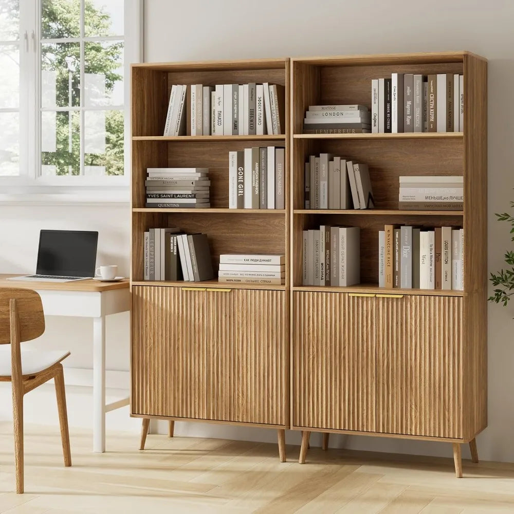 Natural Oak Bookshelf 70.9 Inch 5-Tier Bookcase with Fluted Doors