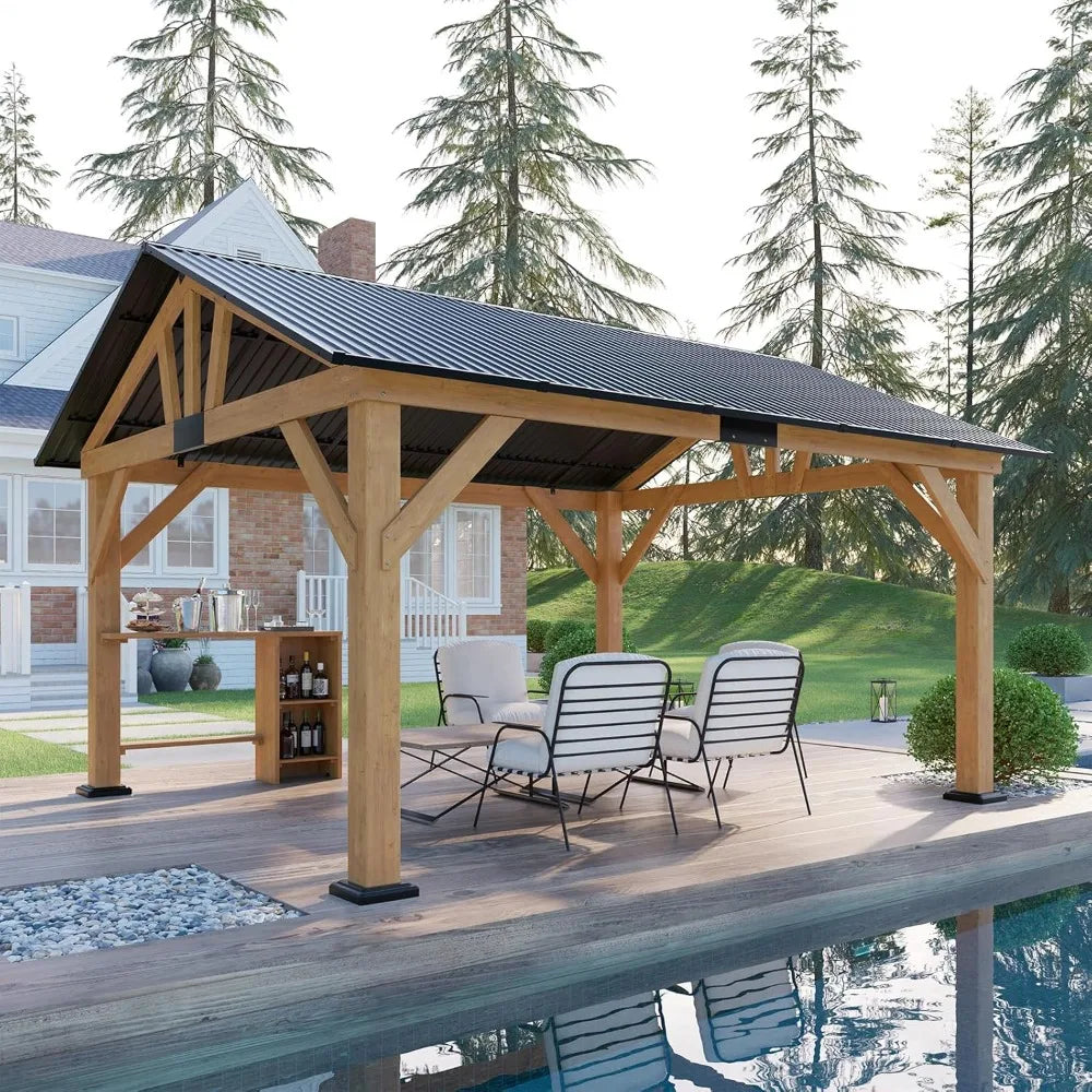 13x15 ft Spruce Wood Gazebo Outdoor Pavilion with Bar Storage