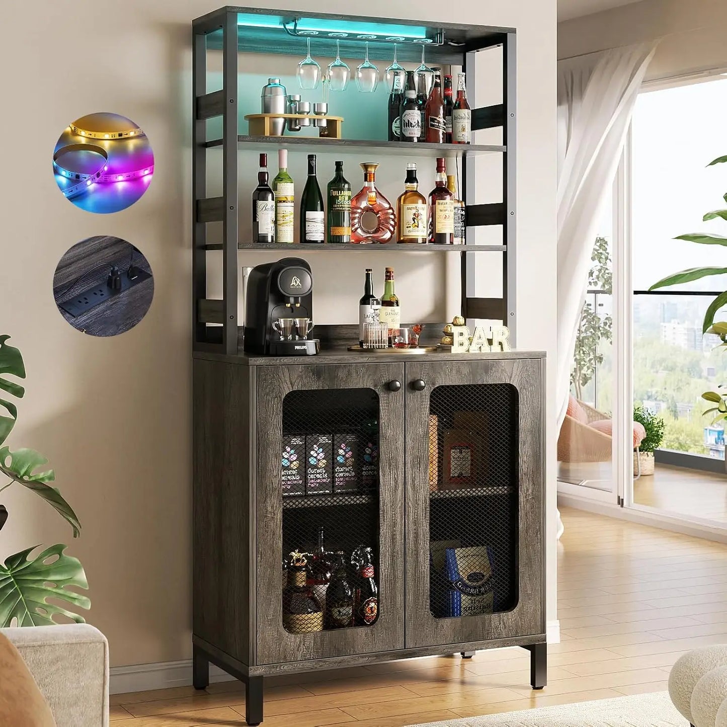 Tall Bar Cabinet with Power Outlets LED Lights Wine Liquor Storage