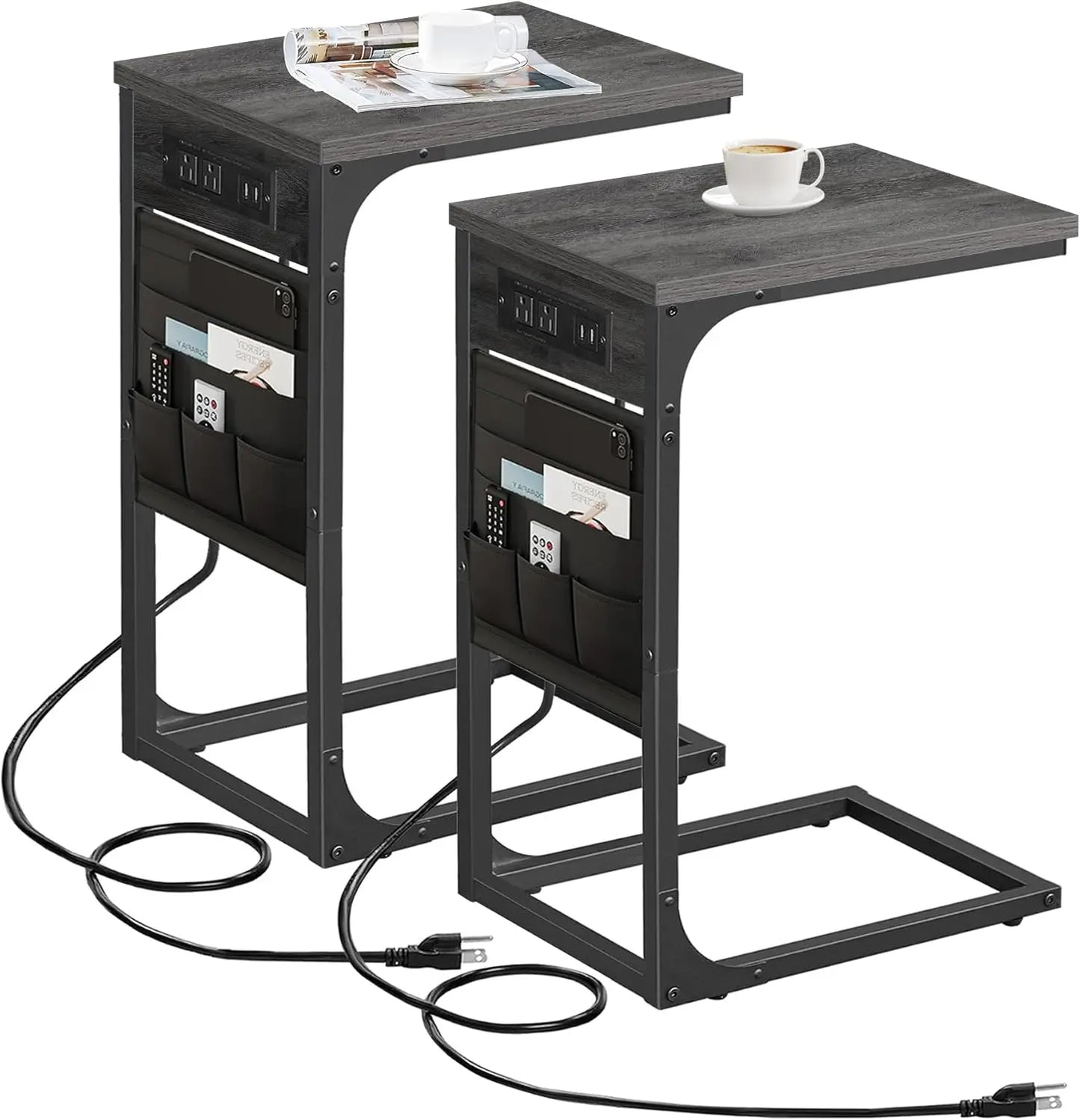 Shaped End Table Set of 2 with Charging Station USB Ports Storage Bag