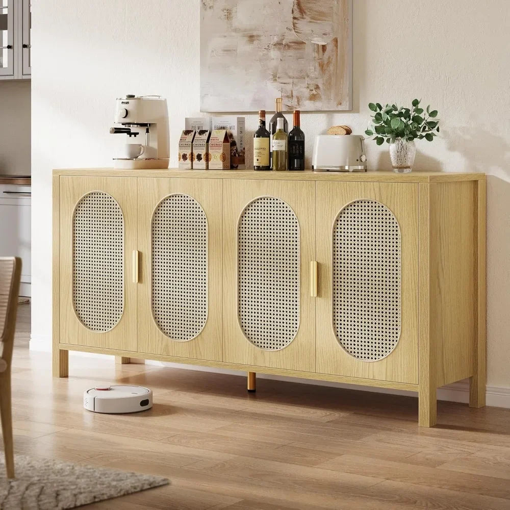 63 Inch Buffet Sideboard Cabinet Storage Rattan 4 Doors Adjustable Shelves