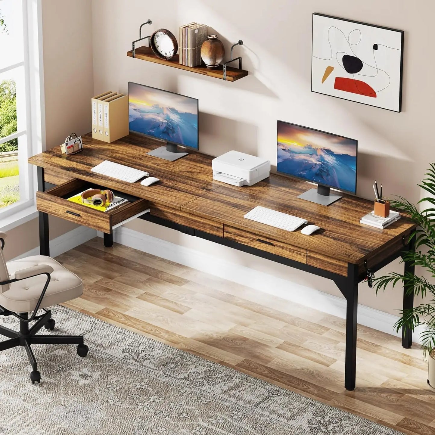 Ljustra 200cm Computer Desk Double Long Office Table with 2 Drawers