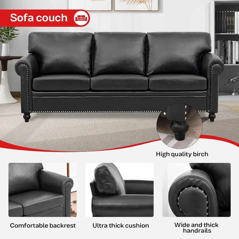 Ljustra Black Faux Leather 3-Seater Office Couch Modern Sofa