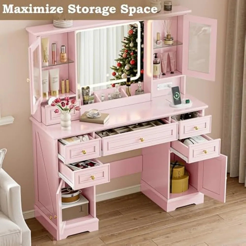 Large LED Makeup Vanity Desk with 3 Color Modes and USB Ports