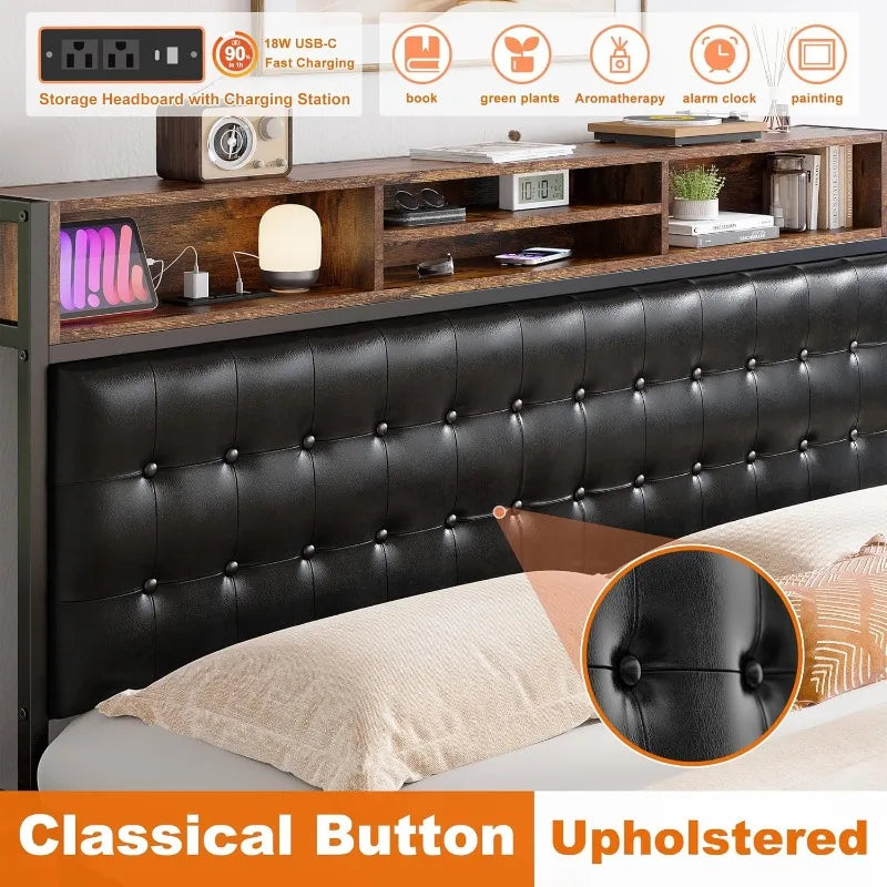 King Size Bed Frame Upholstered Charging Station No Noise Box Spring Needed