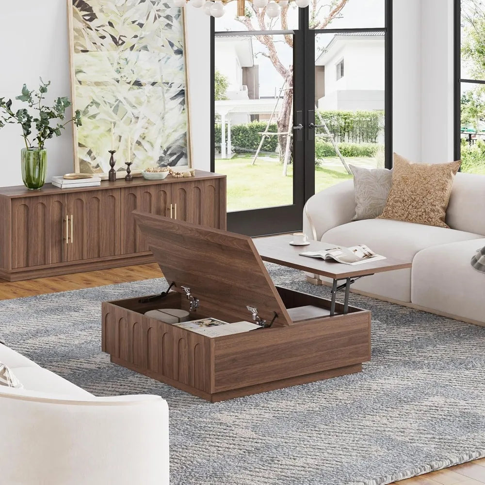 Lift Top Coffee Table Modern Storage Walnut Arched Design 31.5 Inch