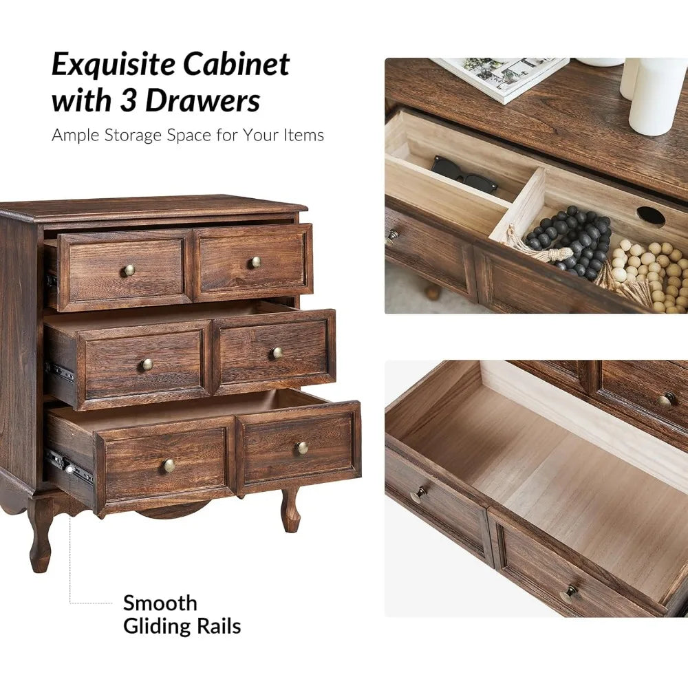 3 Drawer Nightstand with Charging Station Solid Wood Farmhouse Design