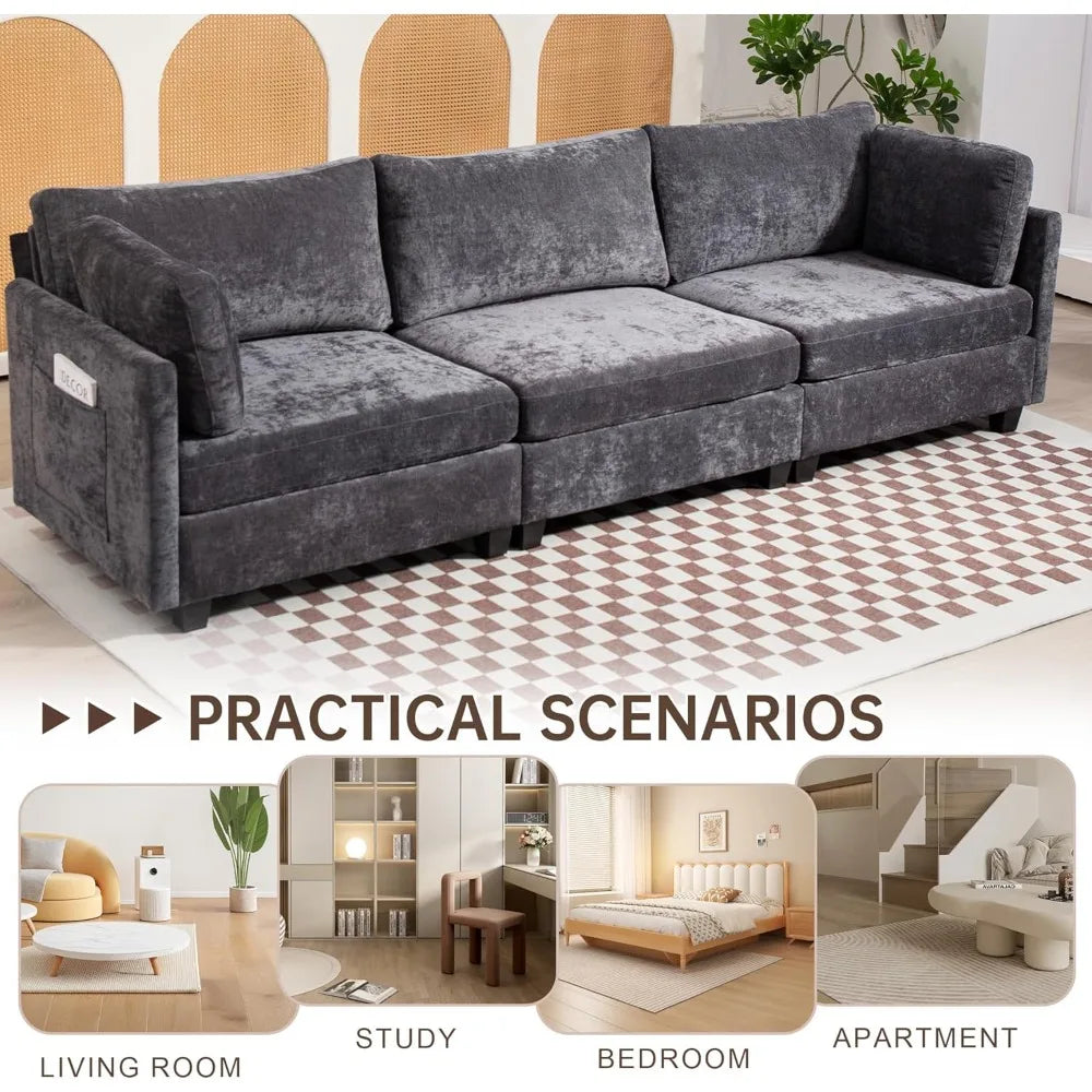 Modern Chenille 3-Seater Sofa w/ Storage, Deep Cushions, 111" Couch, Grey