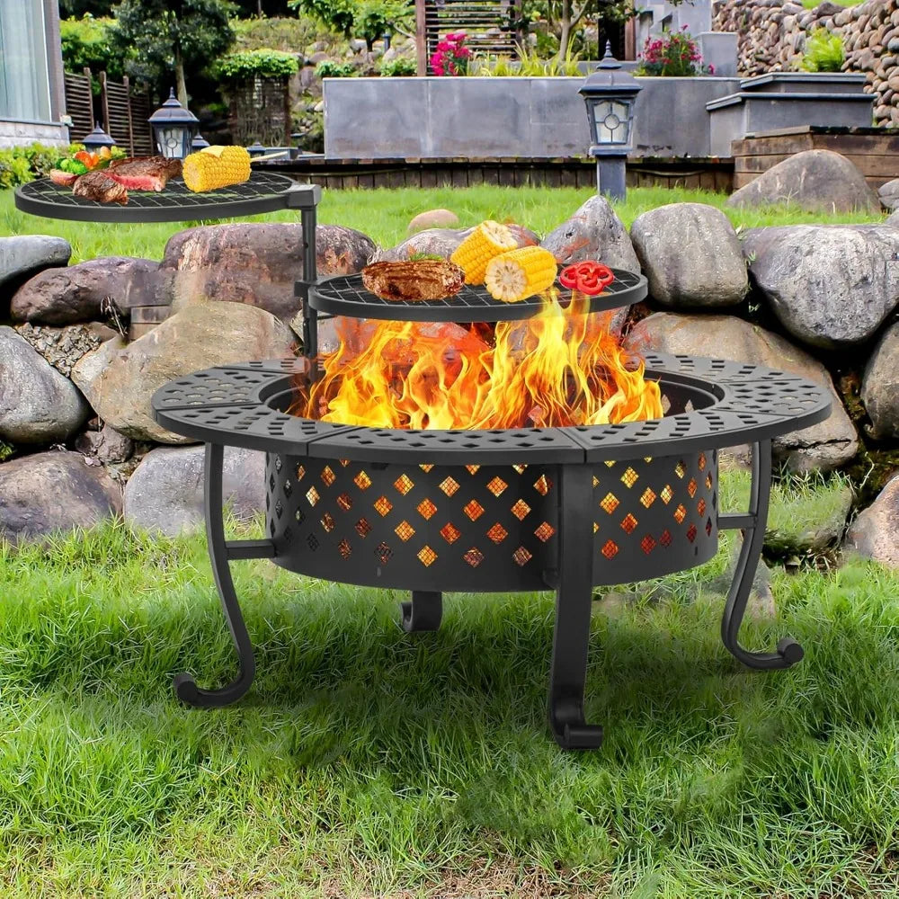 42 Inch Wood Burning Fire Pit with BBQ Grills and Lid for Outdoor Use