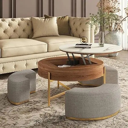 32 Inch Lift Top Coffee Table Set Round Marble Table with Storage Ottomans