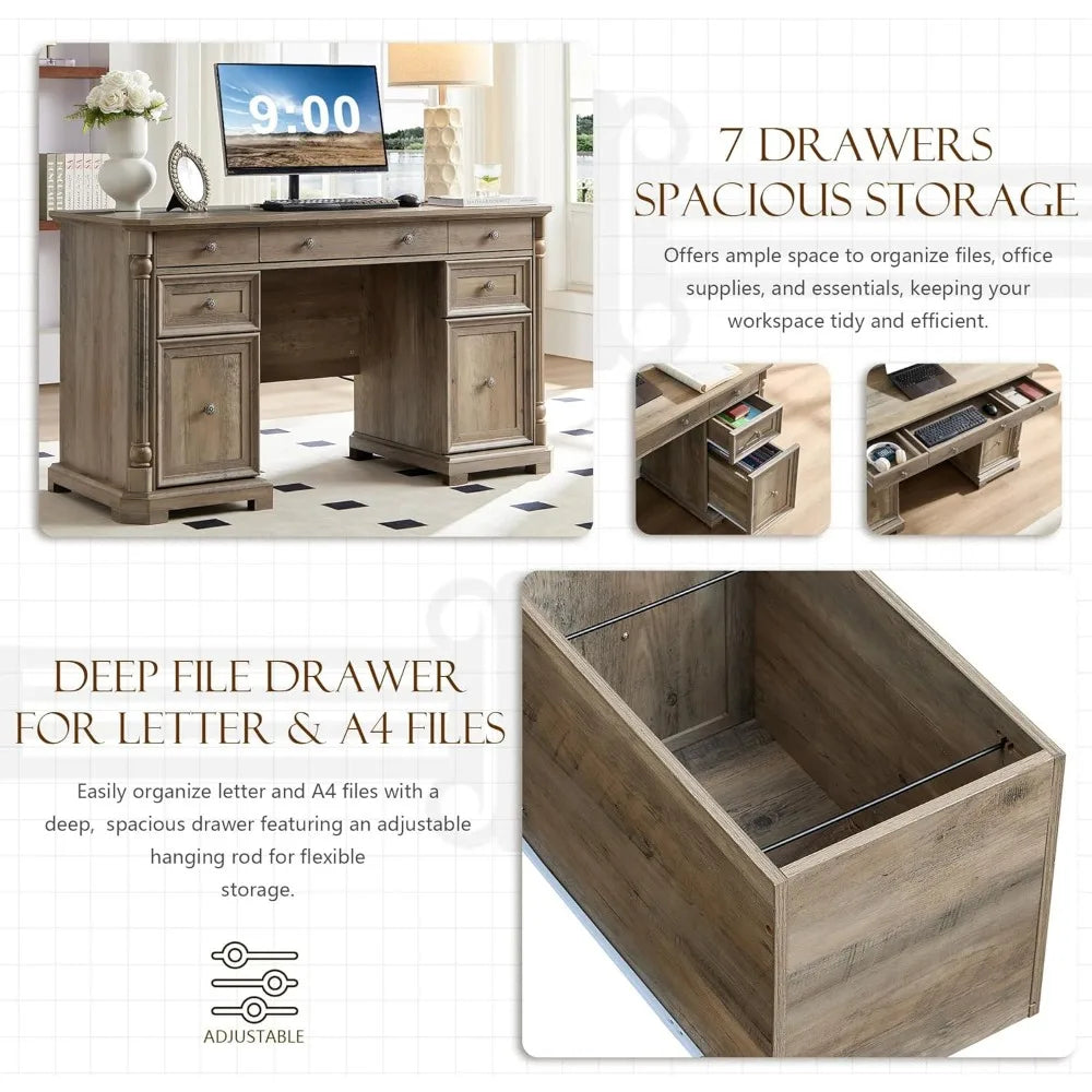 55 Inch Executive Desk with 7 Drawers and Built-In USB Outlet