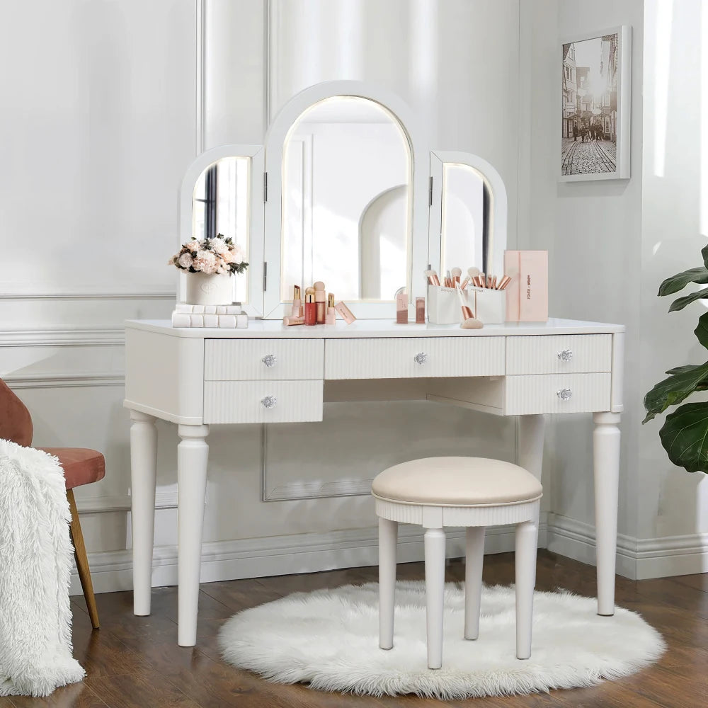 Luxury Mirrored Vanity Desk Set with Stool and Drawer Storage for Bedroom