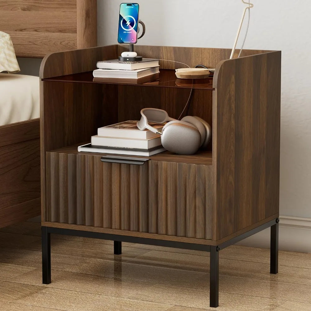 Mid Century Modern Nightstand with Charging Station and Glass Top