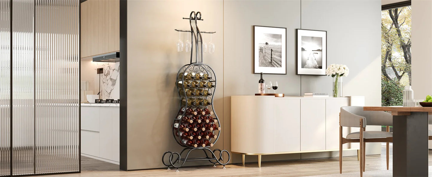 Freestanding Wine Rack for 32 Bottles with Glass Holder Metal Organizer