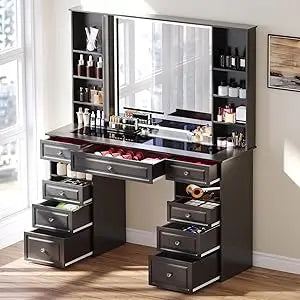 Black Vanity Desk with Lighted Mirror and 9 Storage Drawers for Makeup