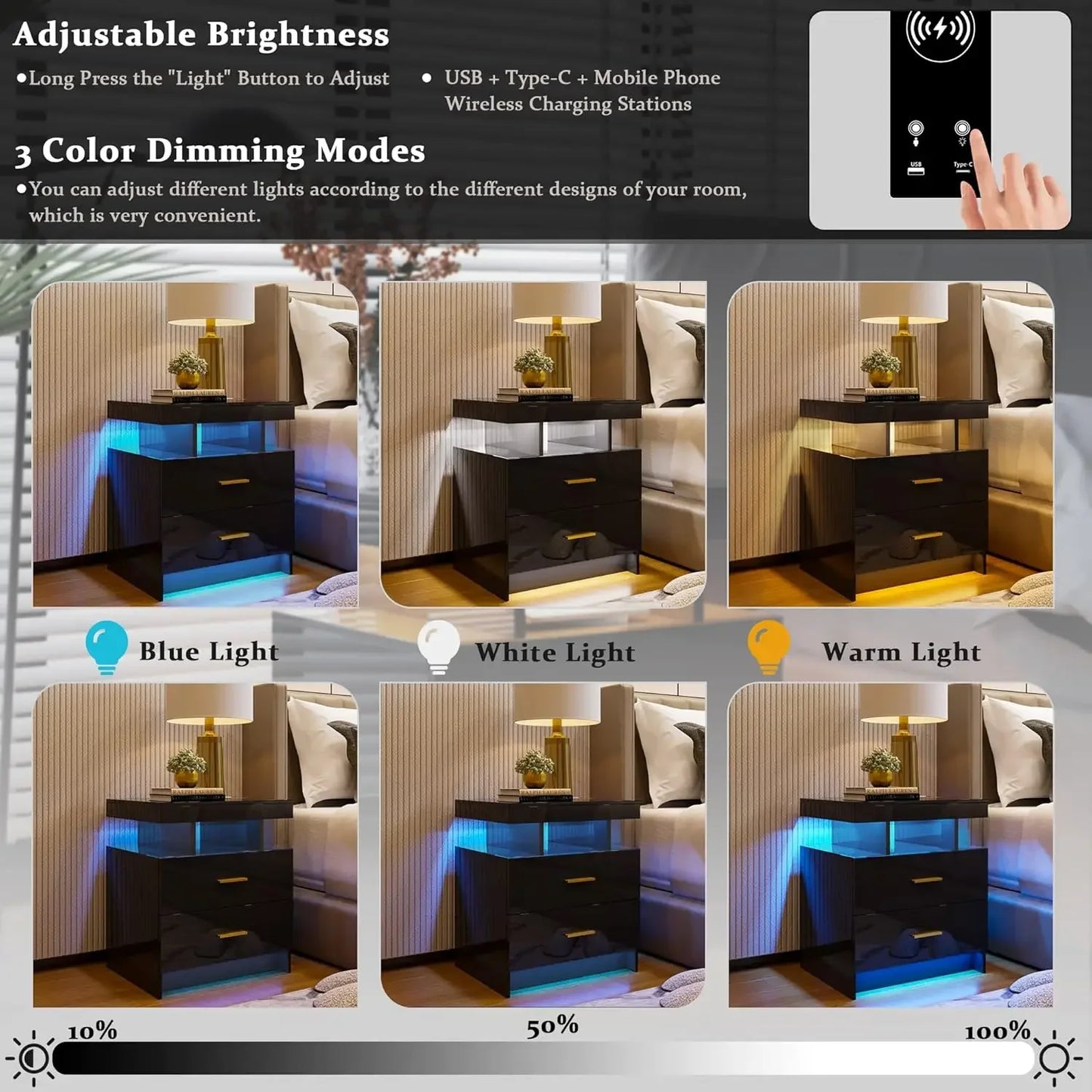 Auto LED Nightstand Wireless Charging USB Ports Floating Bedside Table
