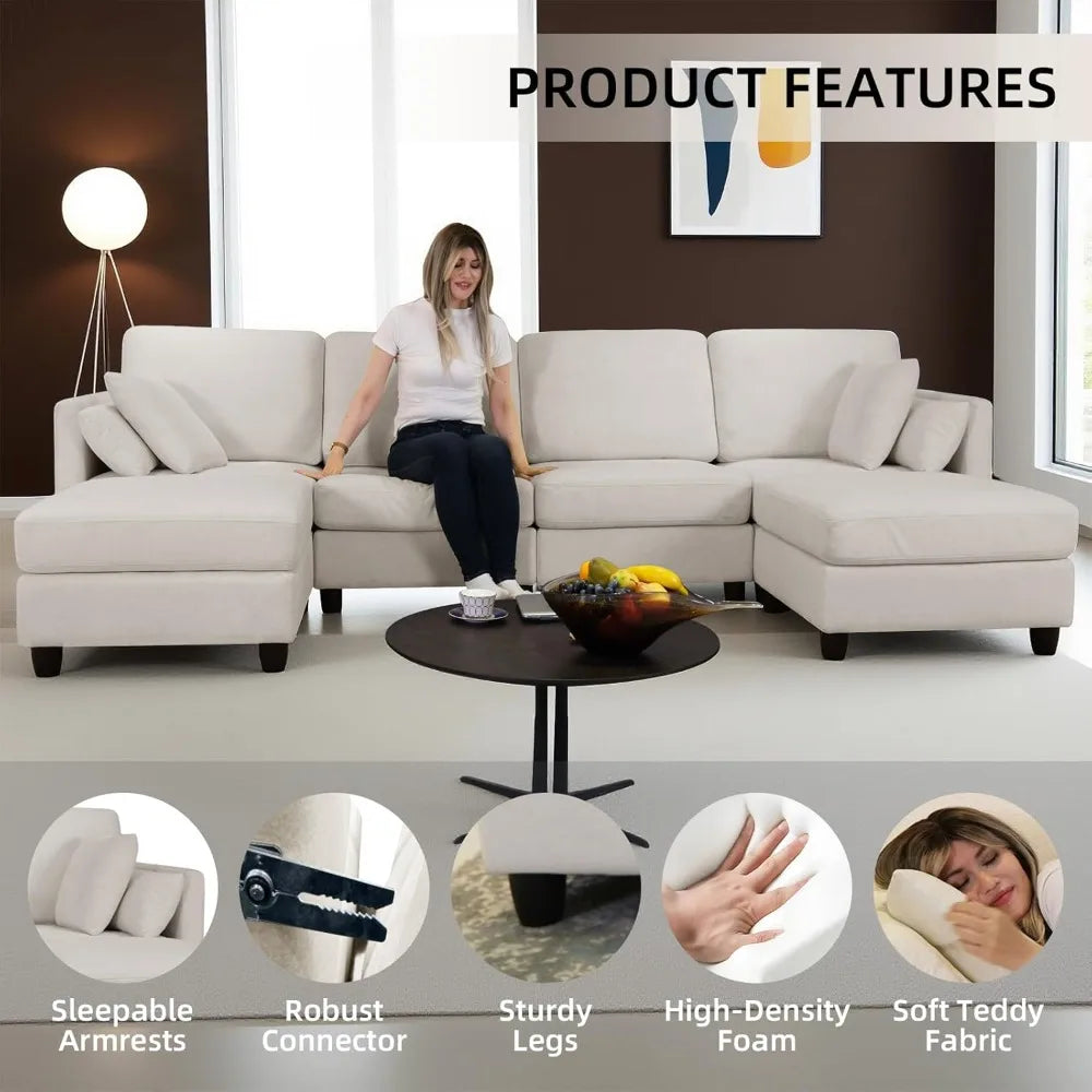 U-Shaped Sectional Couch with Double Ottoman Cloud Sectional Couches for Living Room 4 Seat Sofas