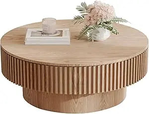 Modern Round Coffee Table Solid Wood Grey 31.5 Inch for Living Room