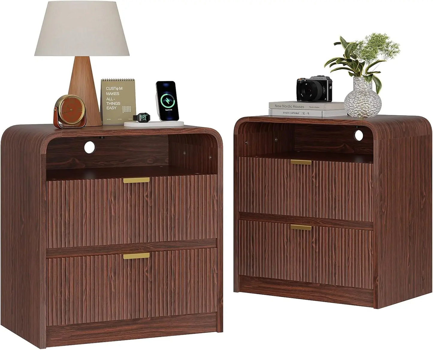 24 Inch Fluted Nightstand with Charging Station and 2 Drawers