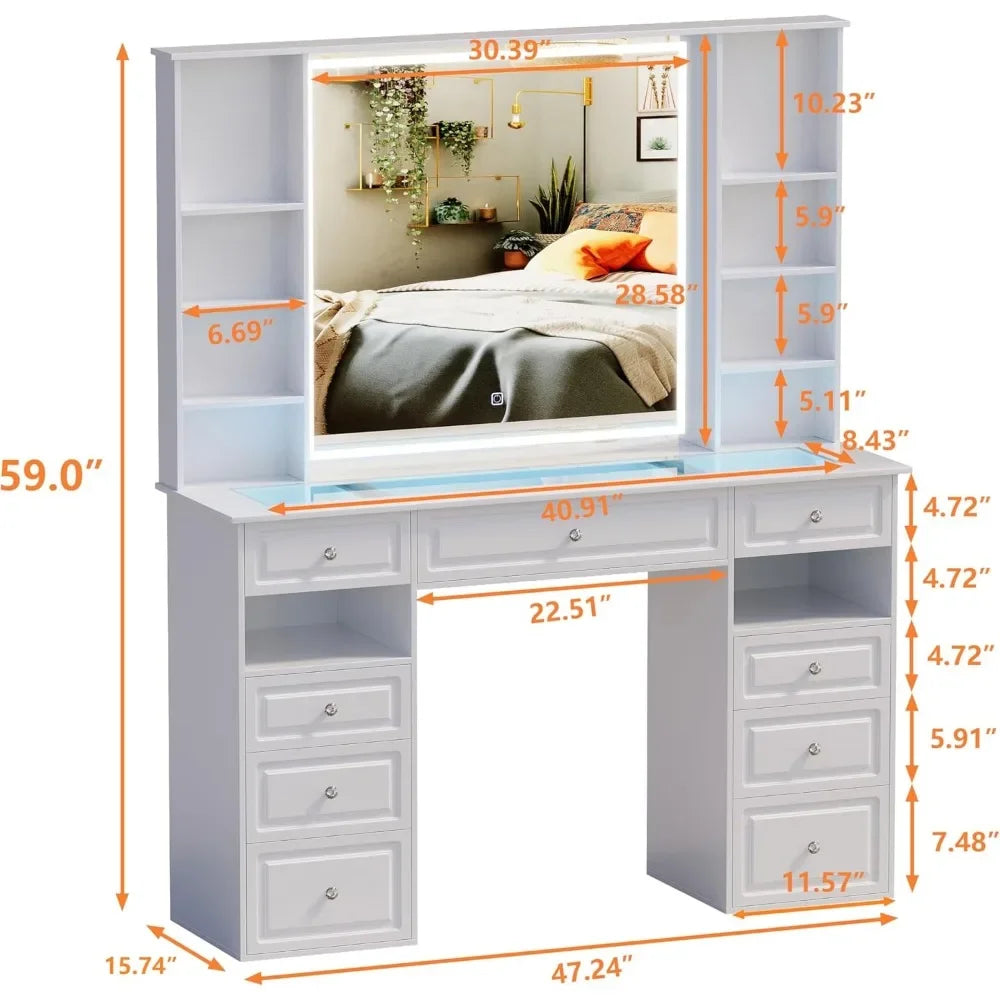 Ljustra Vanity Desk with Mirror and Lights 9 Drawers Dressing Table