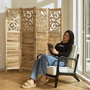 Folding Room Divider 4 Panels Wood Carved Privacy Screen Freestanding