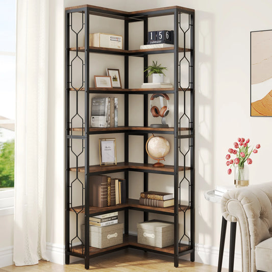 Ljustra 7-Tier Industrial Corner Shelf Wood Metal Bookcase Display Unit