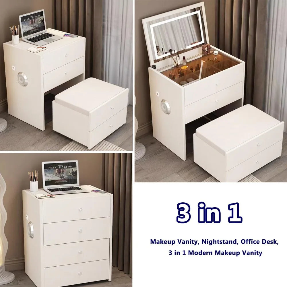 Integrated Small Vanity Desk with Mirror Compact Makeup Table USB