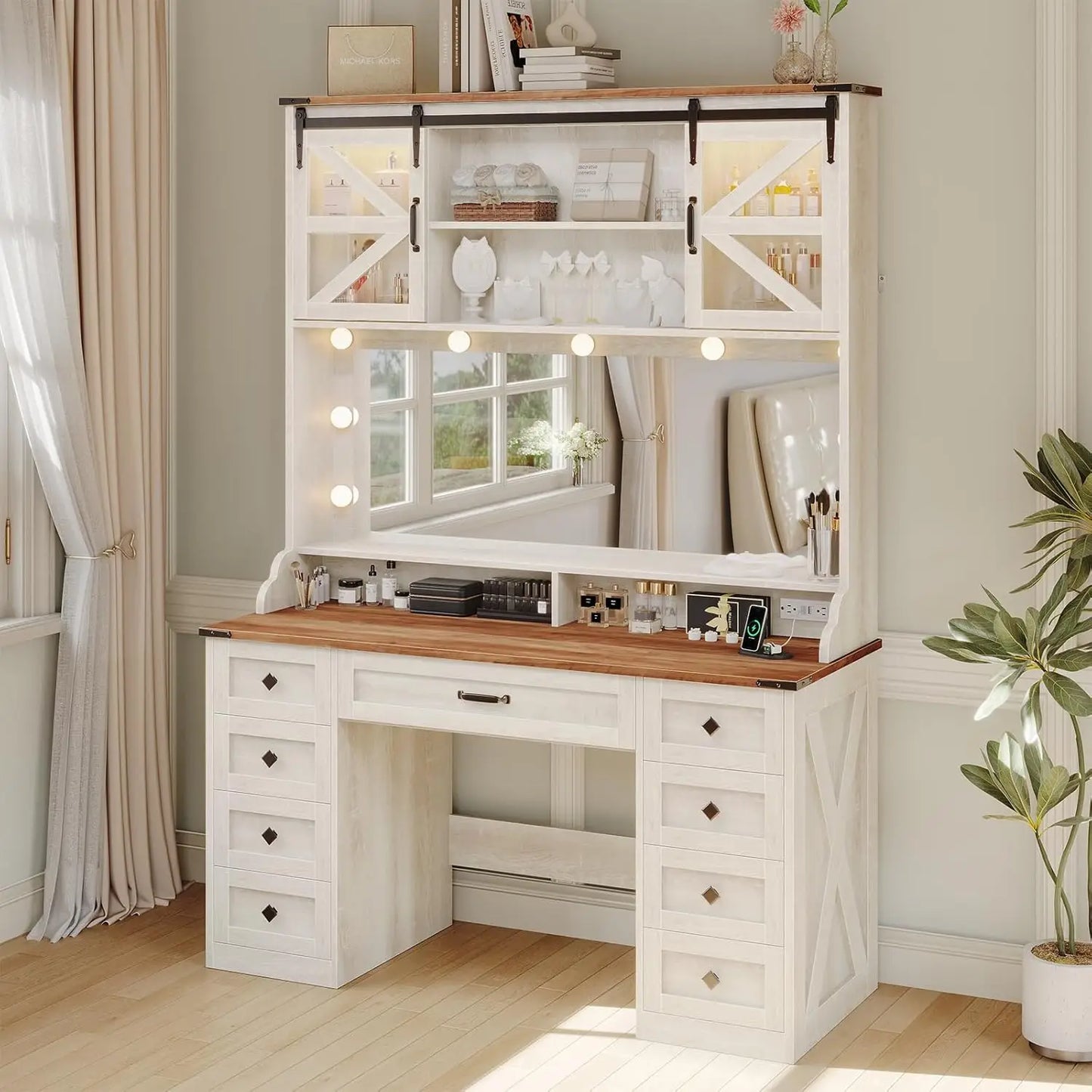 Farmhouse Makeup Vanity Desk with Mirror and RGB Lights 9 Drawer