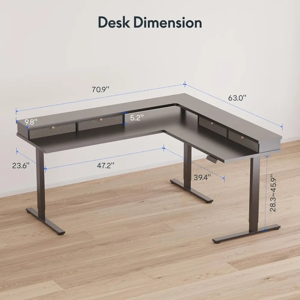 Large L Shaped Electric Standing Desk with Storage Drawers and Shelf