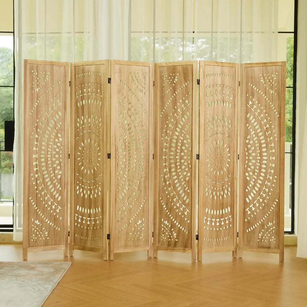 66.9Inch Folding Room Divider 6 Panel Wood Carved Privacy Screen Partition