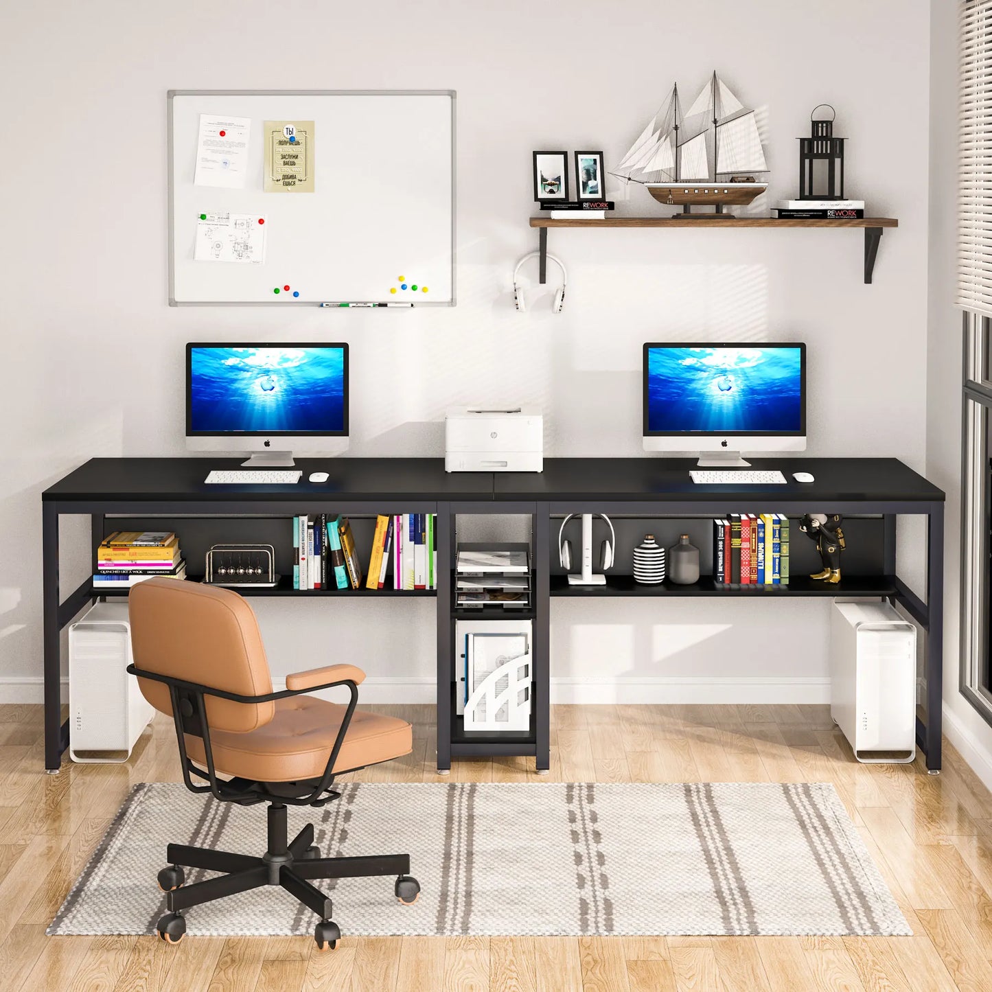 Ljustra Two Person Desk with Bookshelf Rustic Home Office Workstation