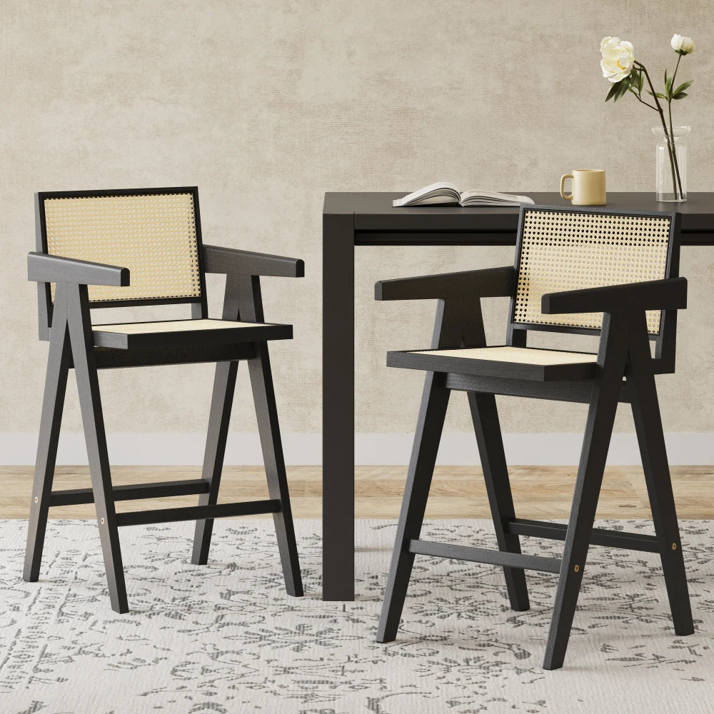 Ljustra 27 Inch Woven Cane Backrest Bar Stool Foam Padded Seat Set of 2
