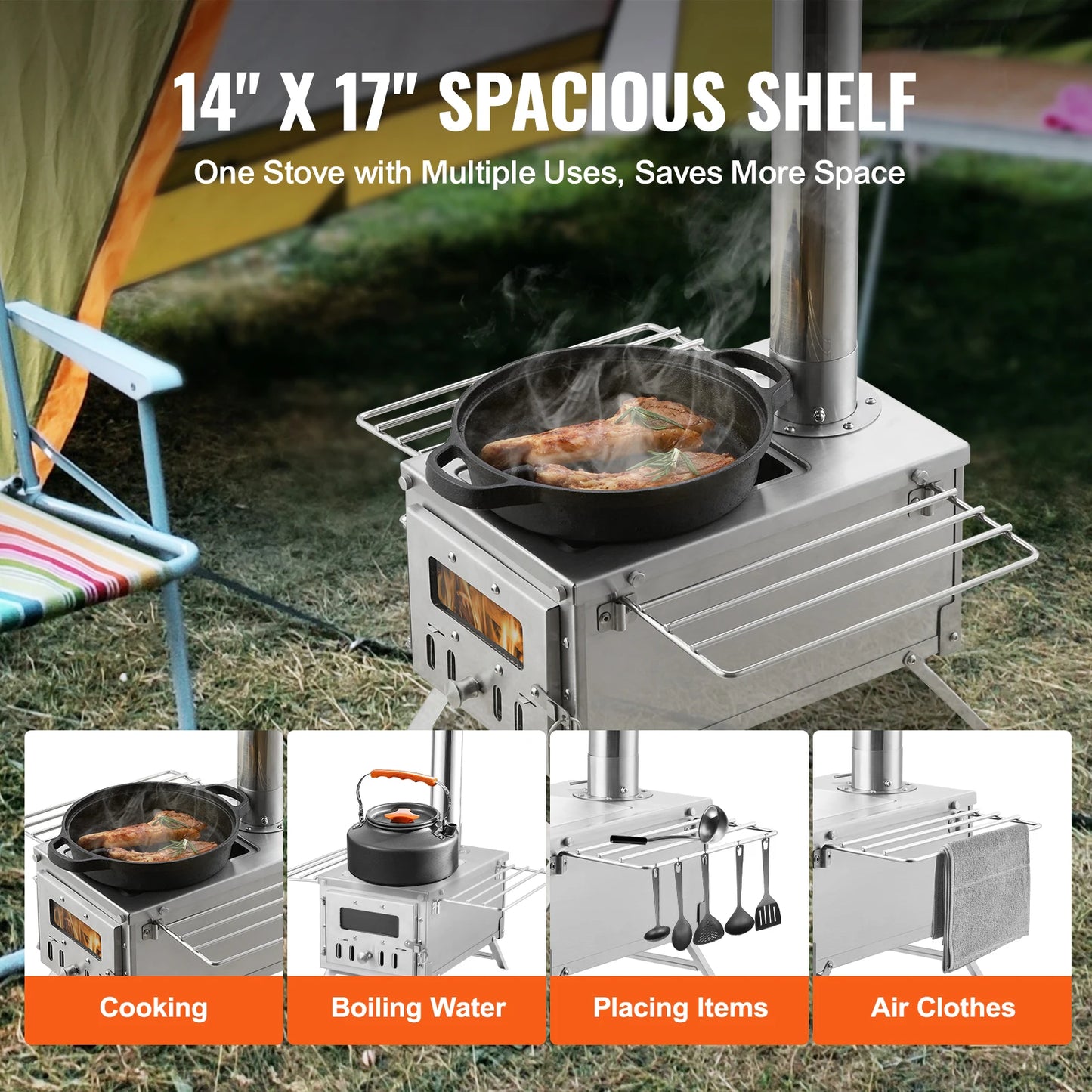 Portable Stainless Steel Camping Wood Stove with Chimney Pipes Gloves