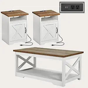 3-Piece Farmhouse Coffee Table Set with Charging Station and Storage