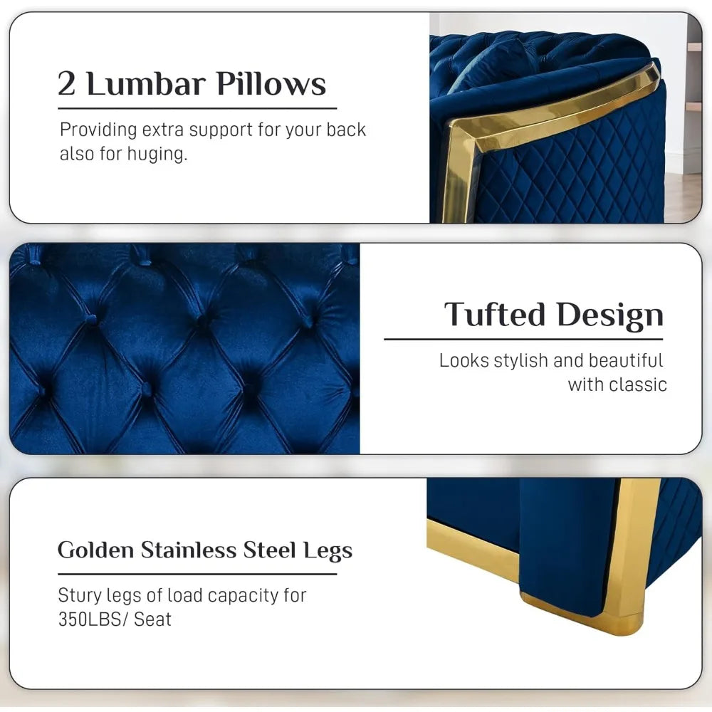 Ljustra Mid Century Modern Chesterfield Sofa Blue Gold Velvet Couch