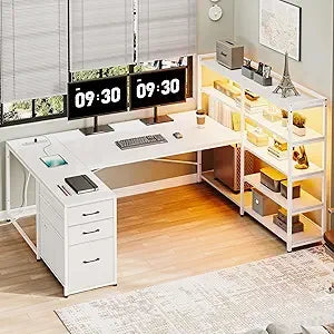 L Shaped Gaming Desk with Power Outlet Storage Shelves LED Lights