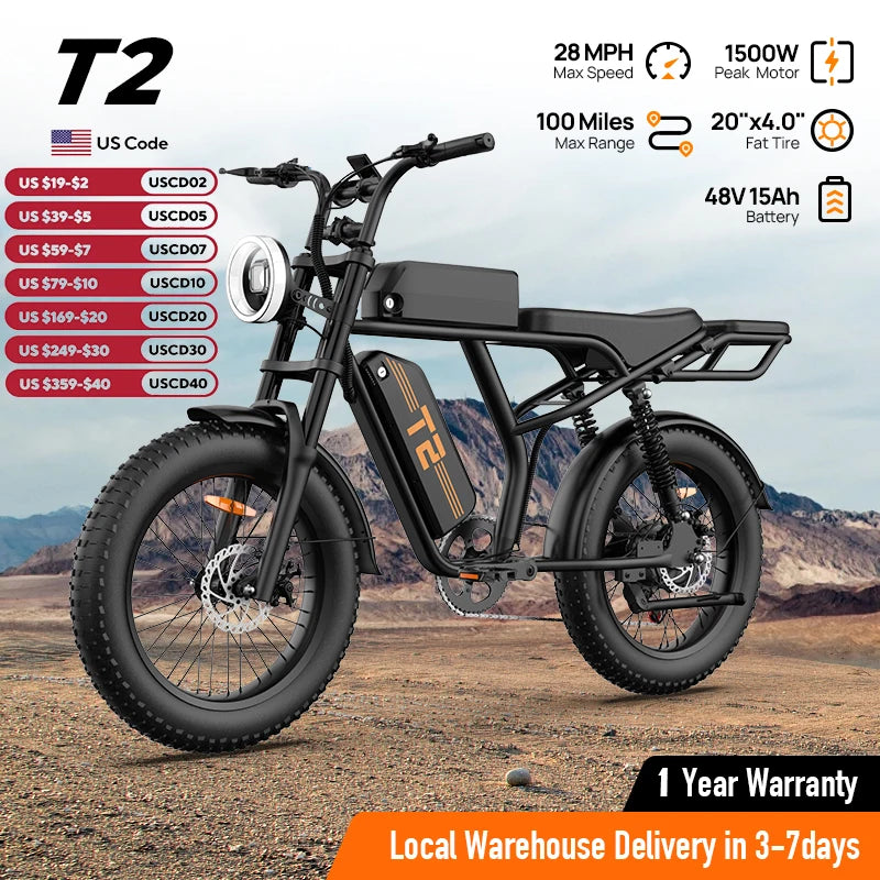 1500W Electric Mountain Bike 48V 100 Mile Range Fat Tire E-Bike