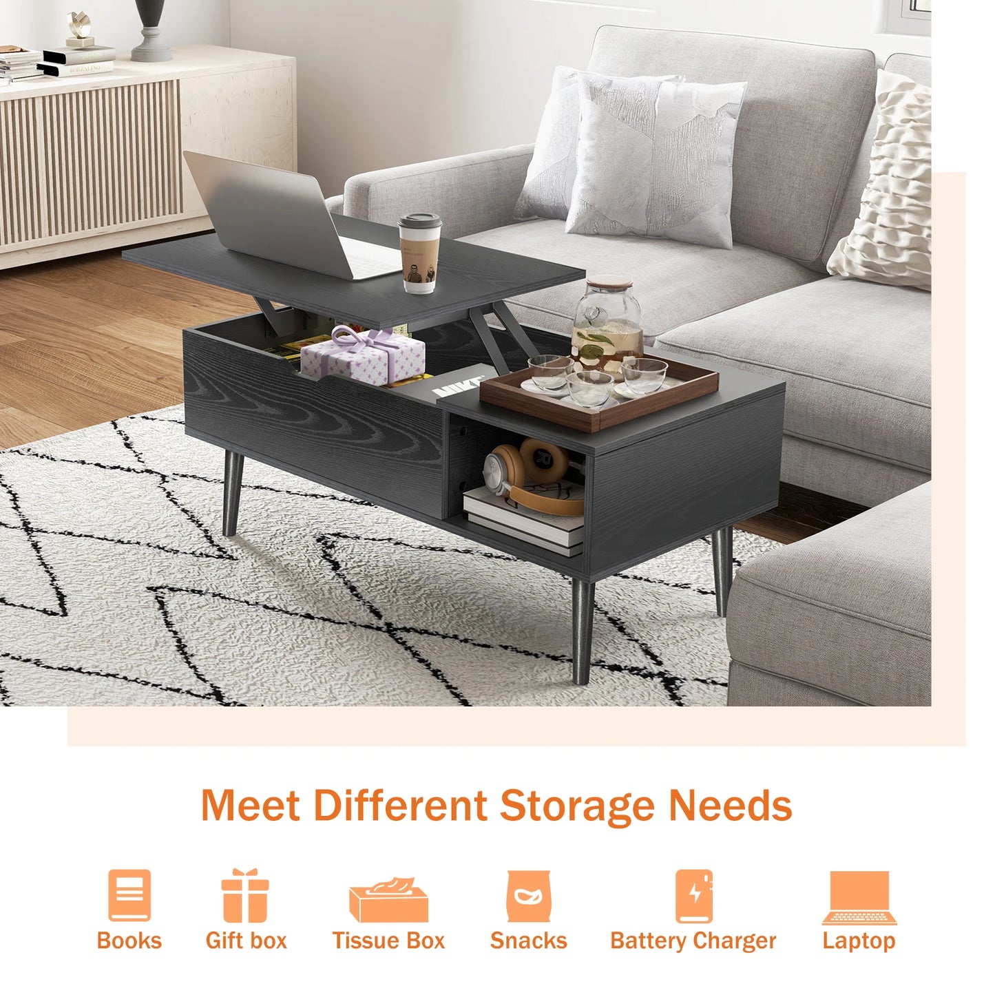 Ljustra Lift Top Coffee Table Modern Adjustable Storage Living Room 39.37"x19.7"