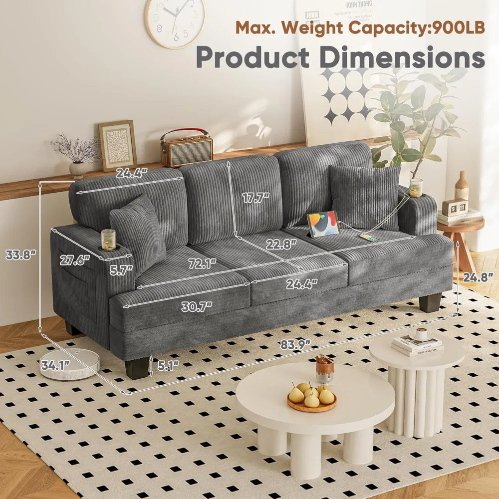 Ljustra 83 Inch Comfy Sofa Couch with USB Type-C Port 3 Seater