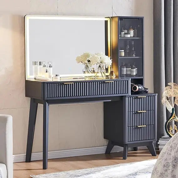 48 Inch Fluted Makeup Vanity Desk with Mirror Lights and 5 Drawers